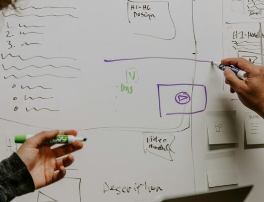 Professionals planning tasks and ideas on a whiteboard